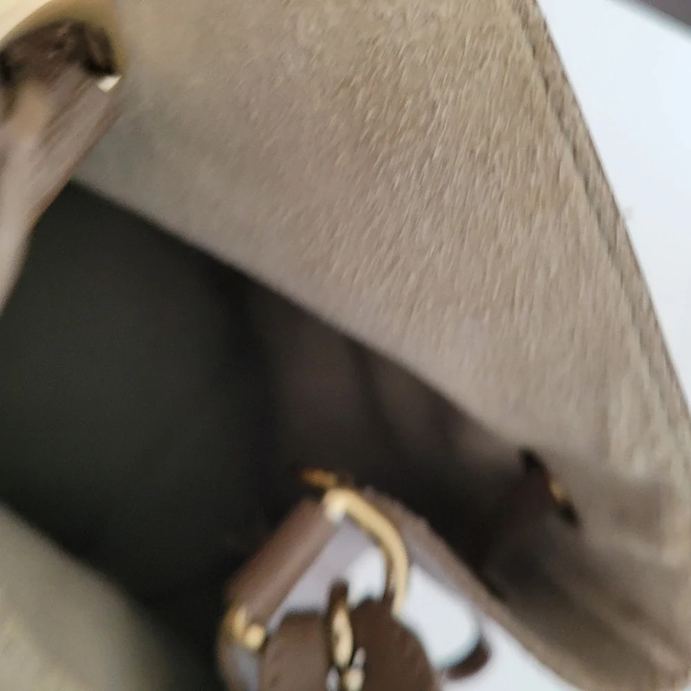 Furla Stacy Saffiano Leather Bucket Bag Taupe Brown Drawstring Crossbody